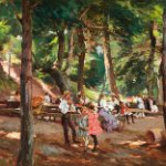 A group of people at a picnic in the woods. They are wearing clothes from the early 20th century. A man and two young girls are standing in the foreground. on May 7, 2026